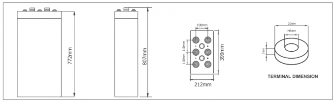 OPzV Gel Battery dimensional diagram showing L399mm × W212mm × H807mm measurements